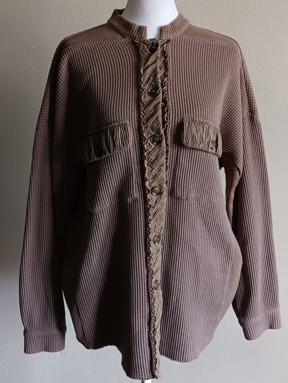Fall Hayride Taupe Thick Waffle Knit Button Up Thermal Top Sweater, Womens Large